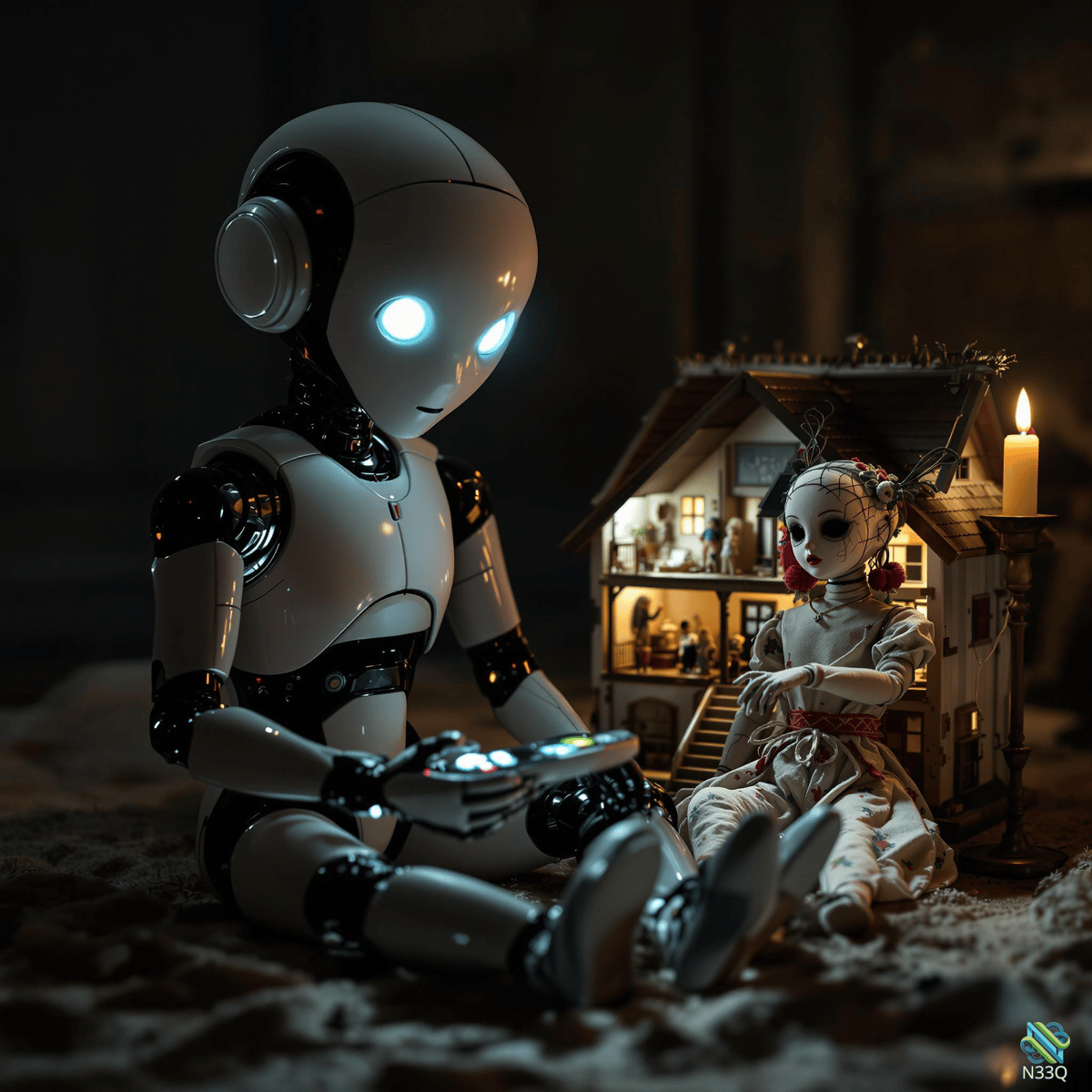 Robot Beside Creepy Doll in Dollhouse
