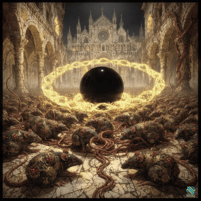 Black Orb Amid Rat Swarm in Gothic Ruins