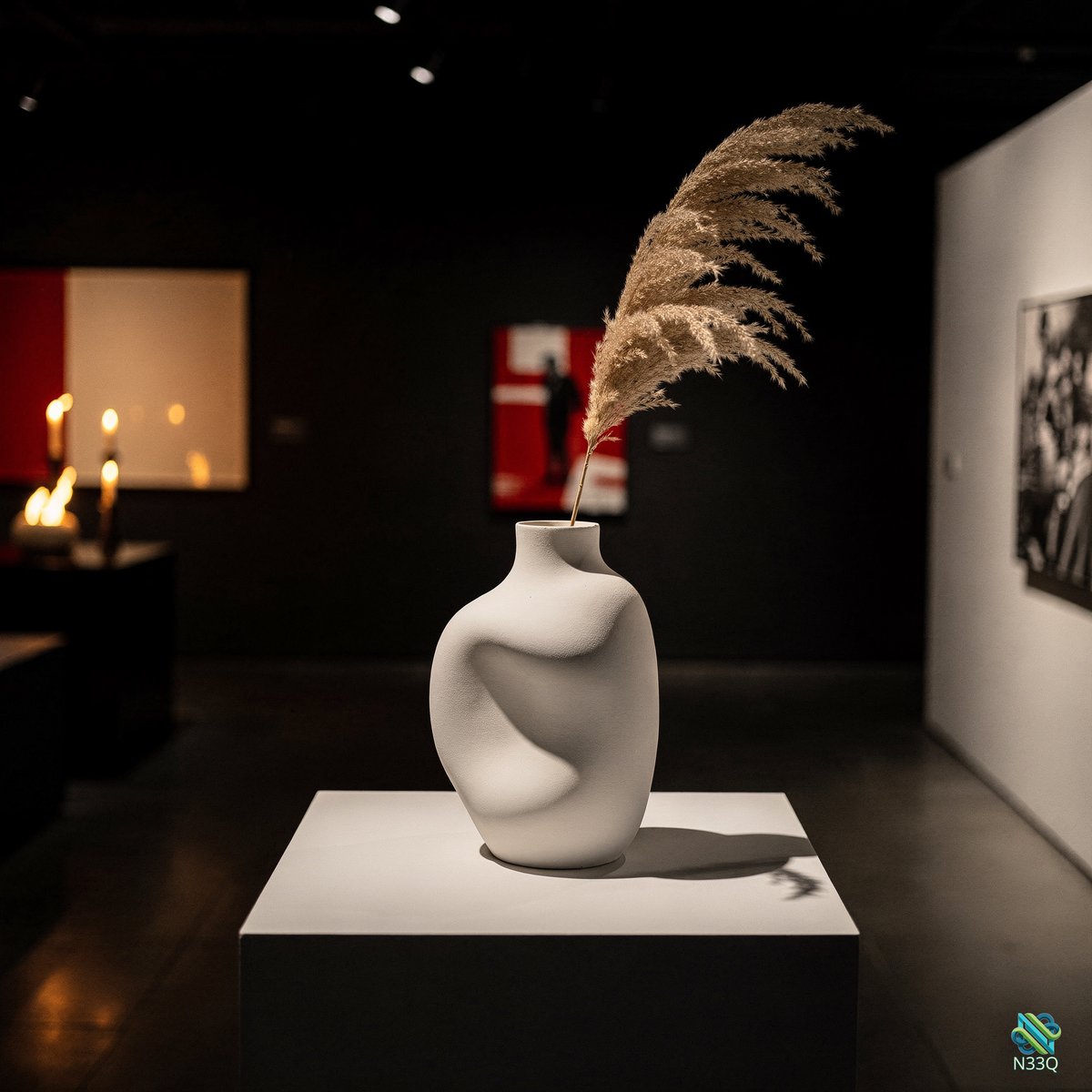 Abstract White Vase with Pampas Grass