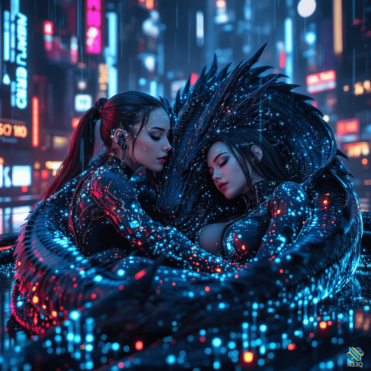 Two Women Embracing in Neon Cyberpunk Rain