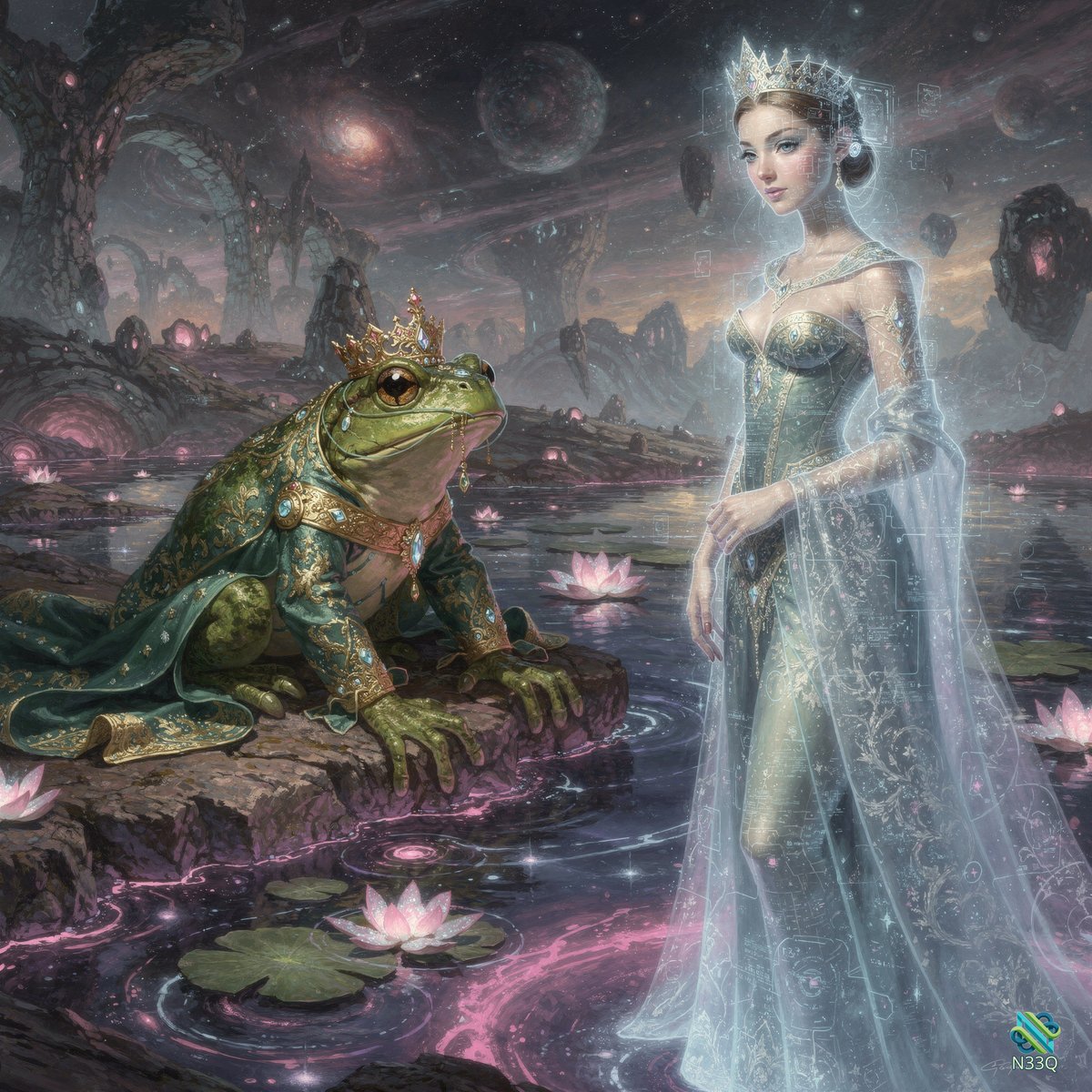 Crowned Frog and Luminous Queen in Mystic Swamp