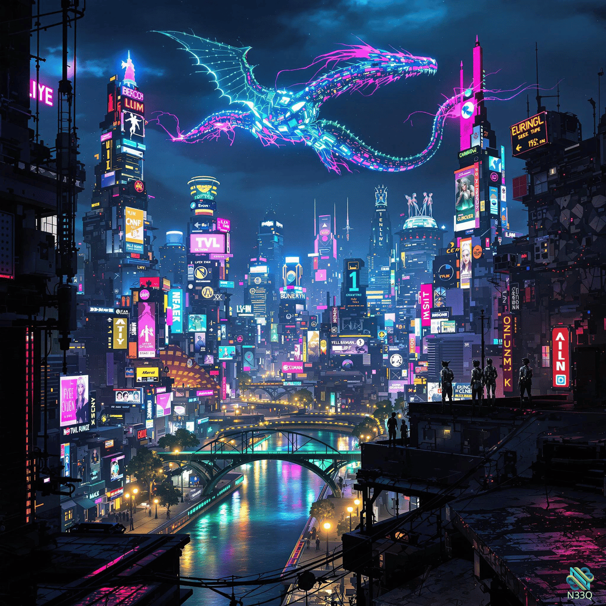 Neon Dragon Over Cyberpunk City Night