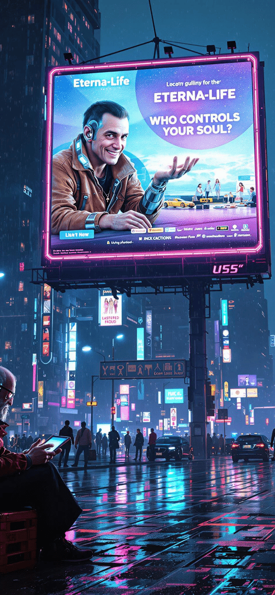 Figure Viewing Eterna-Life Billboard in Neon Rain