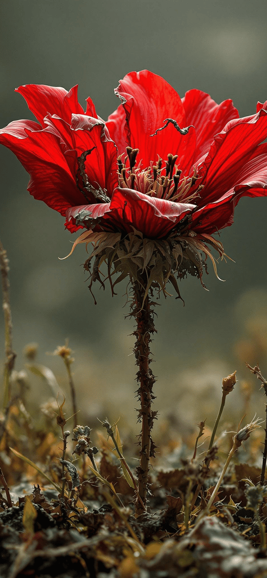 Red Flower on Thorny Stem in Dry Field