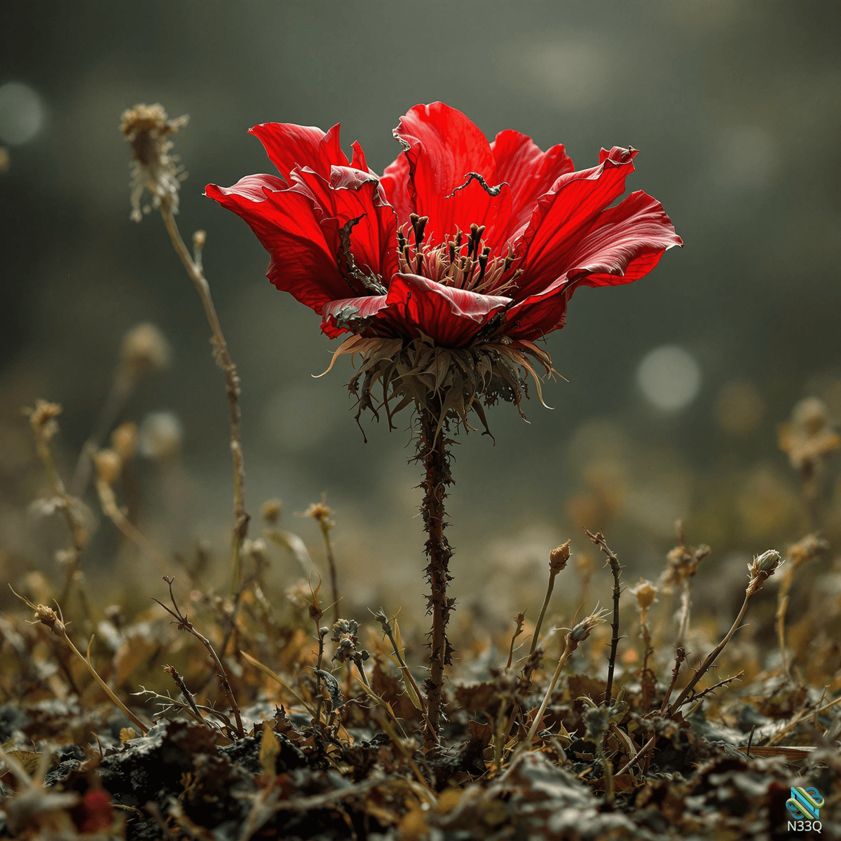 Red Flower on Thorny Stem in Dry Field