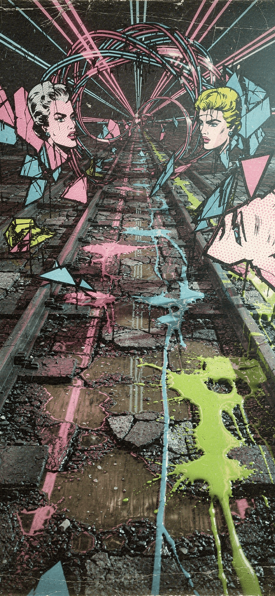 Pop-Art Faces Around Neon Railway Tracks
