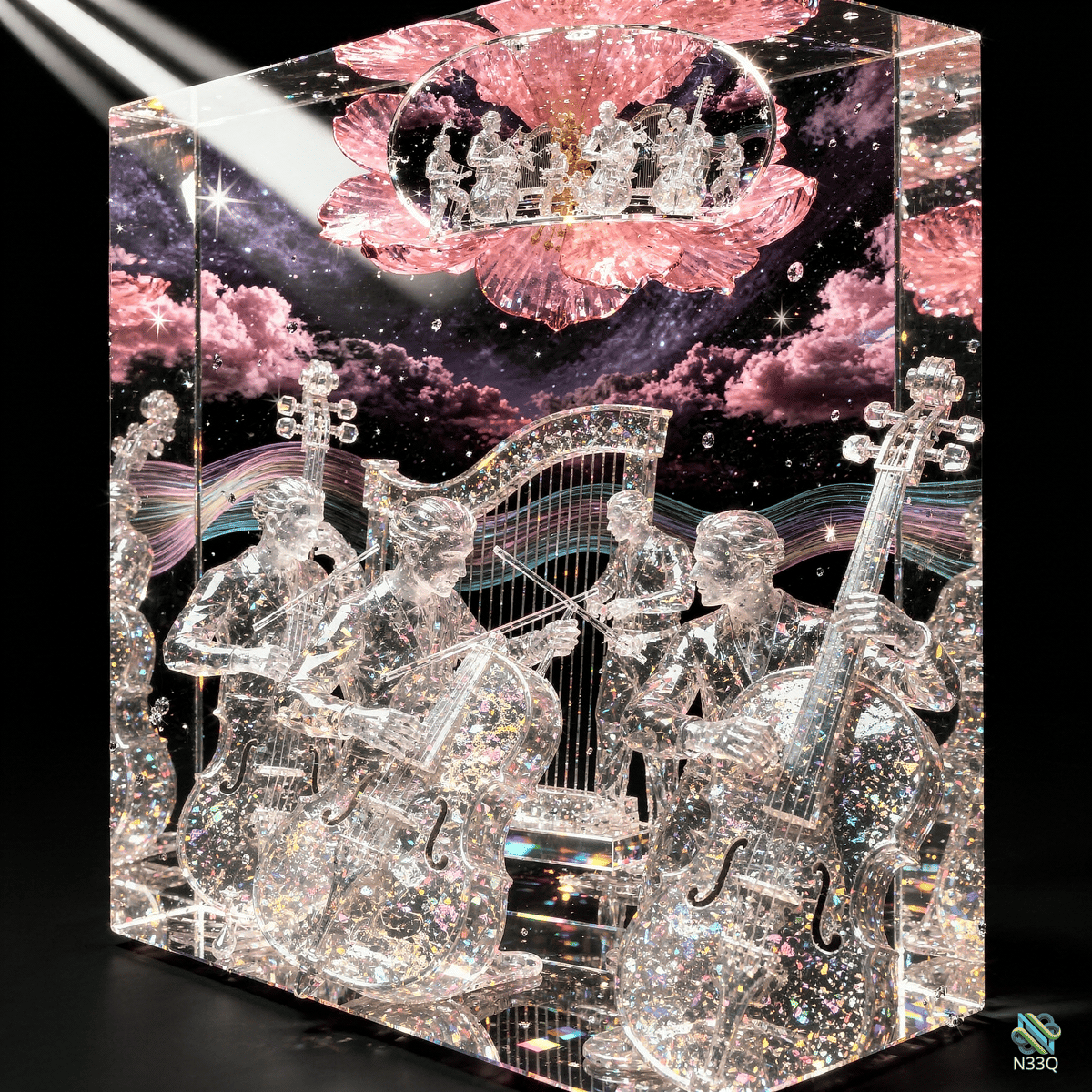 Crystal Orchestra Beneath Pink Flower