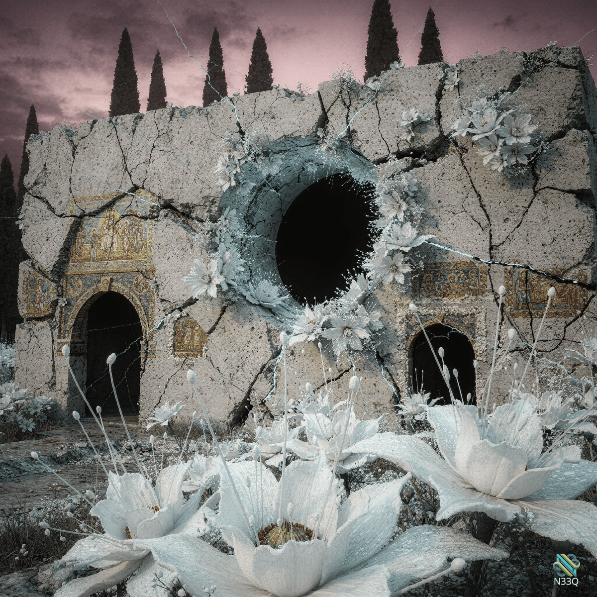 Crumbling Wall with White Lotus Flowers