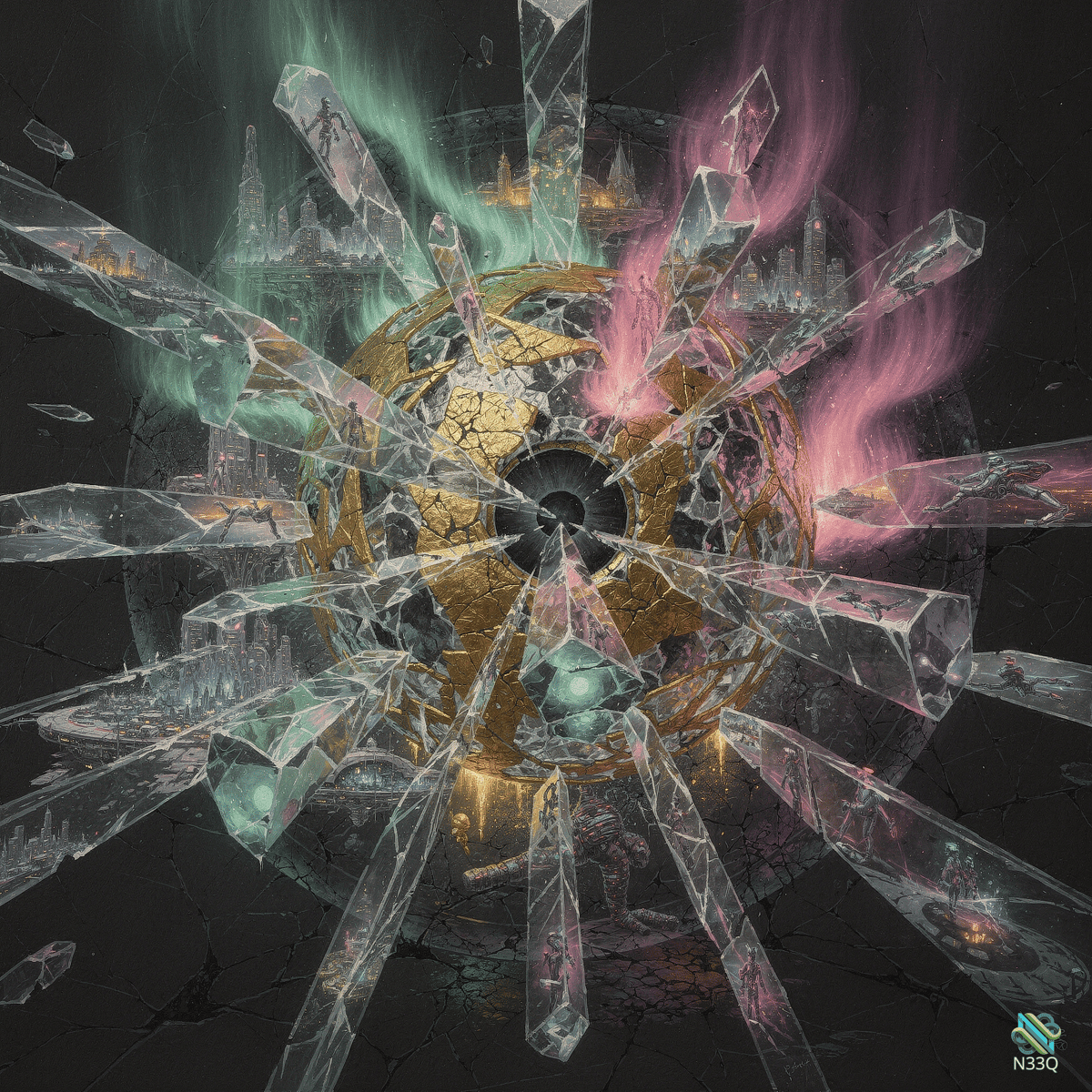 Shattered Golden Sphere with Crystal Shards