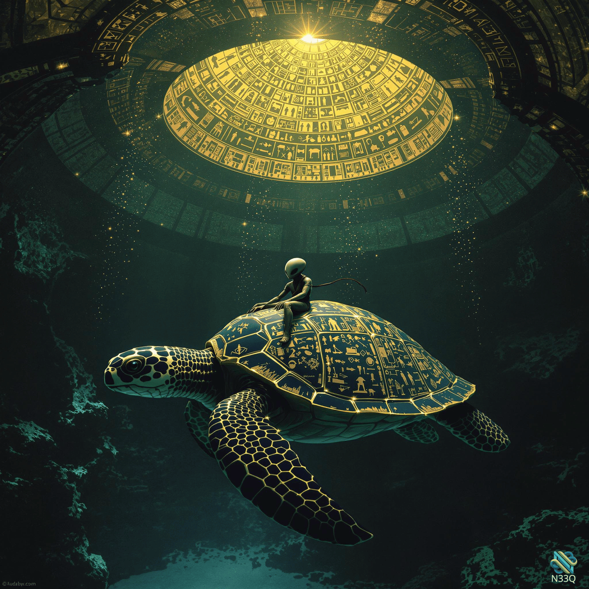 Rider on Hieroglyph Turtle Under Glowing Dome