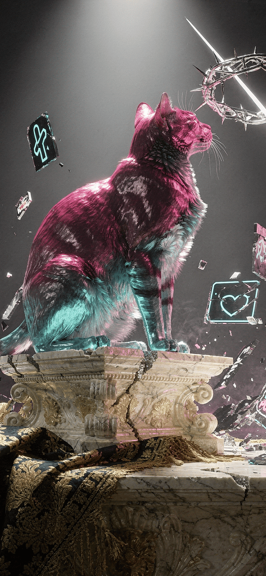 Magenta Cat Enthroned with Crown of Thorns