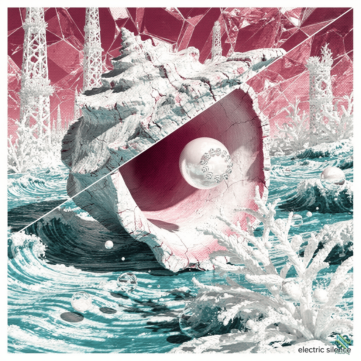 Cracked Seashell with Pearl in Waves