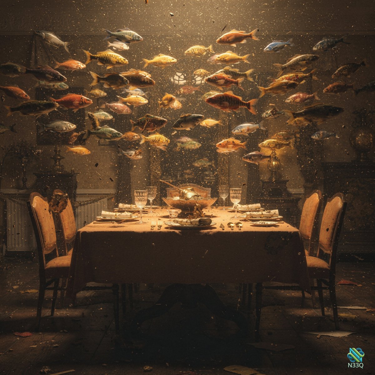 School of Fish Over Dinner Table