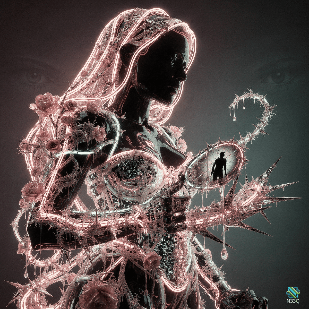 Neon Cyborg Woman with Roses and Thorns