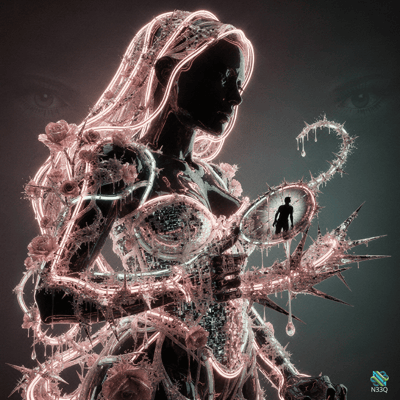 Neon Cyborg Woman with Roses and Thorns