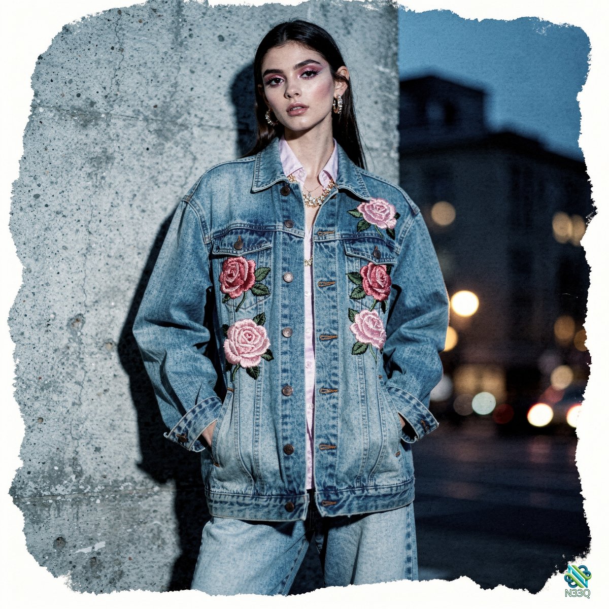 Woman in Rose Embroidered Denim Jacket