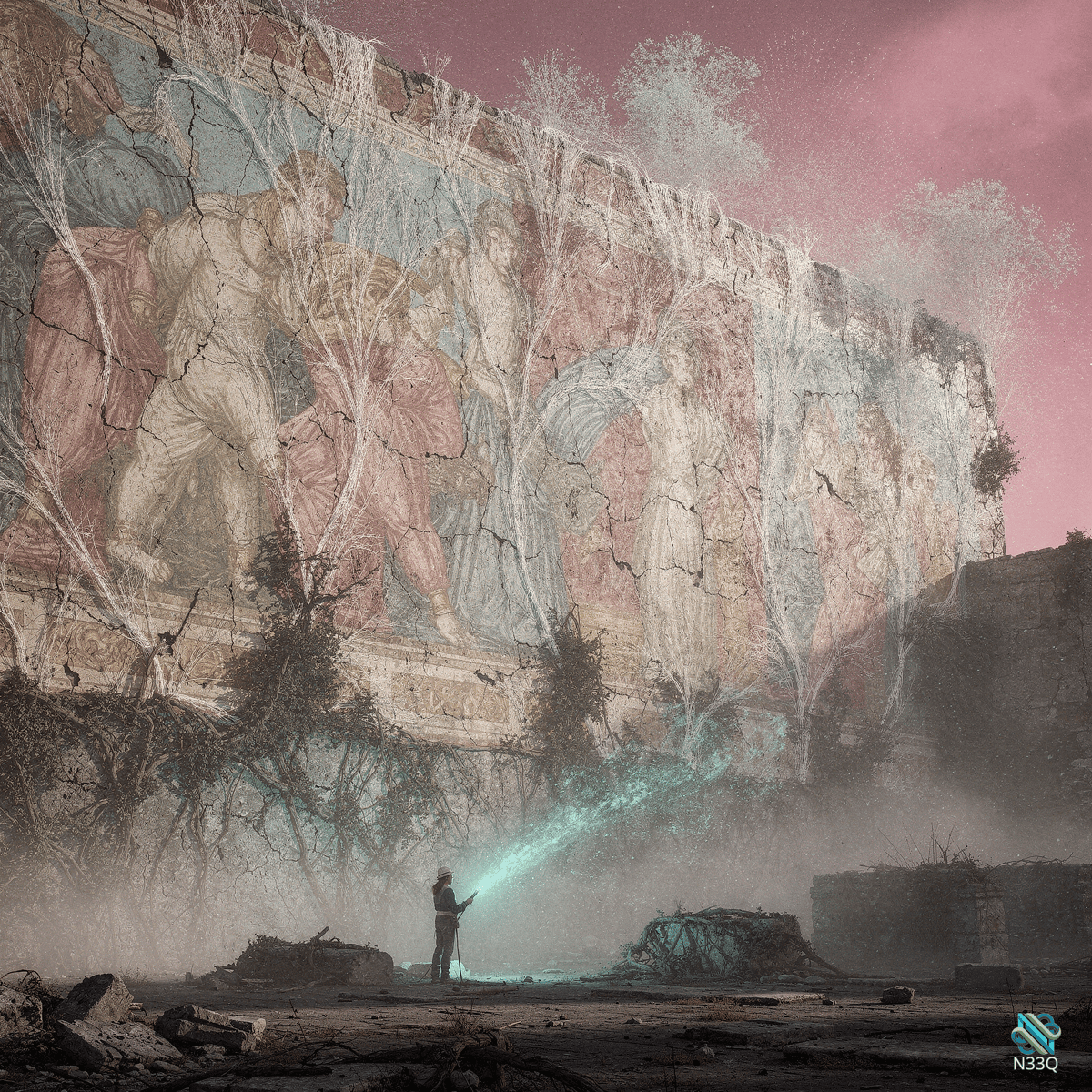 Lone Figure Lighting Cracked Ancient Fresco