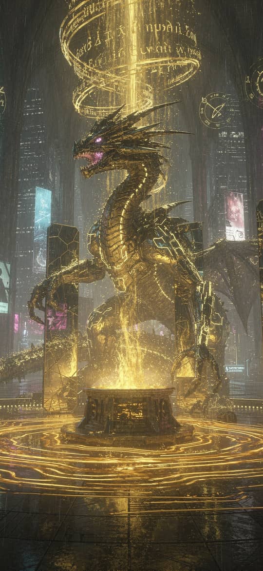 Golden Dragon in Neon Cyberpunk Plaza