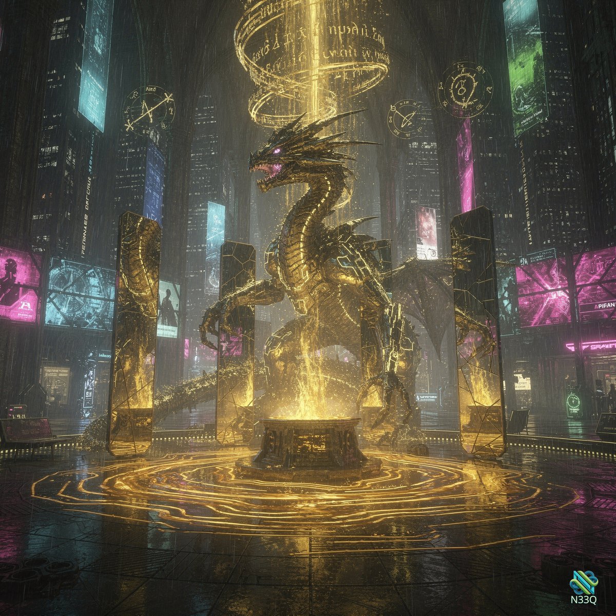Golden Dragon in Neon Cyberpunk Plaza