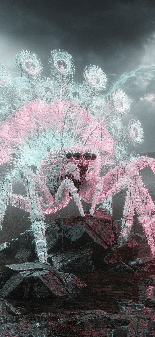 Giant Peacock Spider in Stormy Rocks