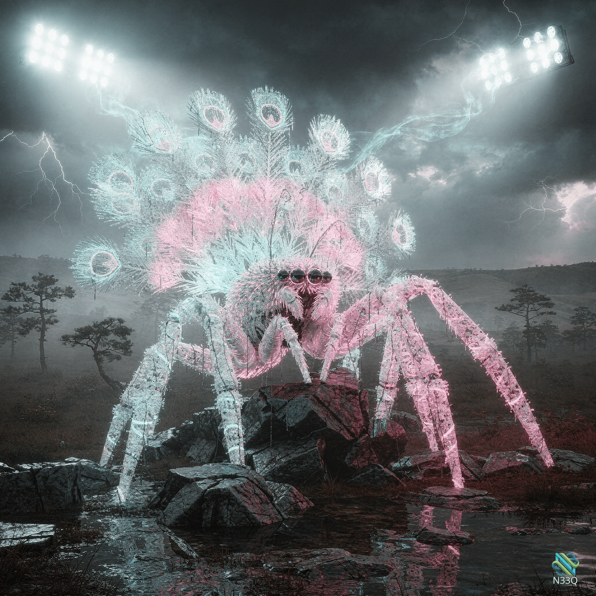 Giant Peacock Spider in Stormy Rocks