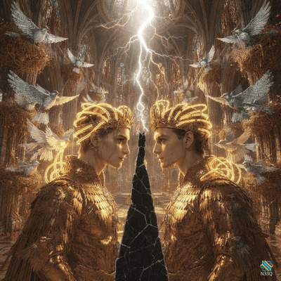 Twin Golden Warriors Facing Lightning Strike
