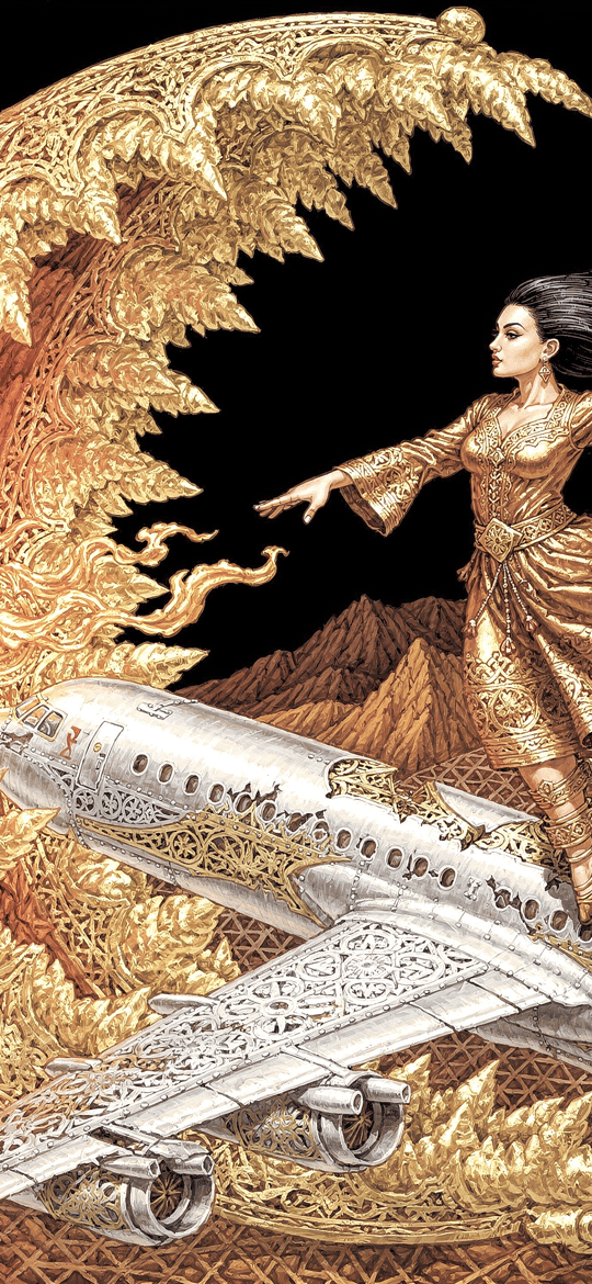Woman in Gold Riding an Ornate Silver Airplane