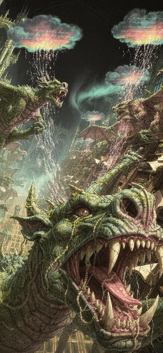 Green Dragons in Gothic Library Ruins