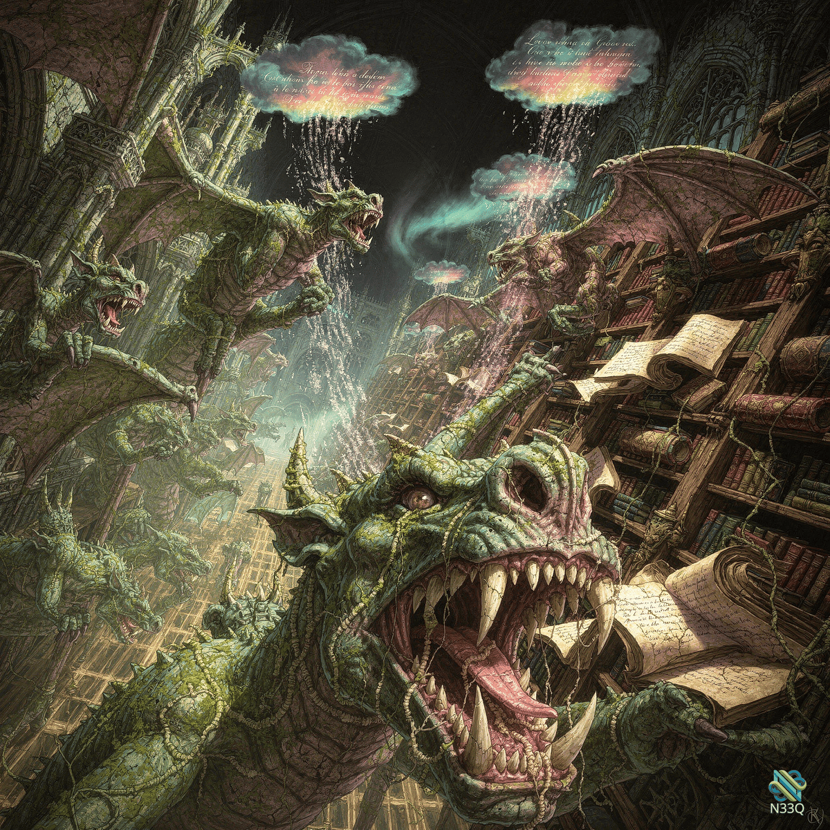 Green Dragons in Gothic Library Ruins