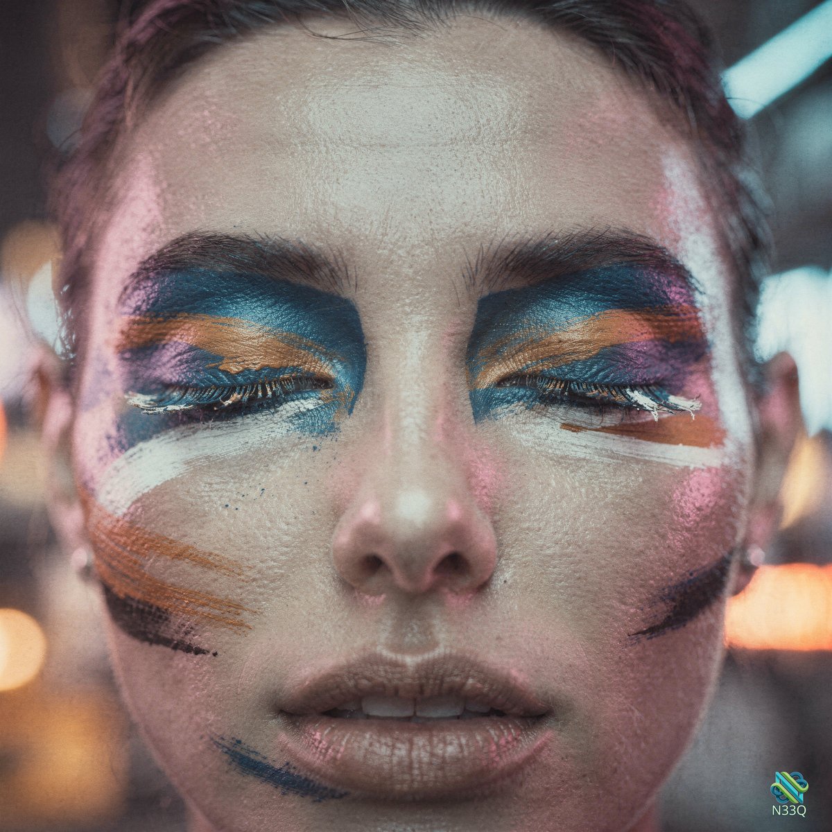 Woman with Bold Multicolored Face Makeup
