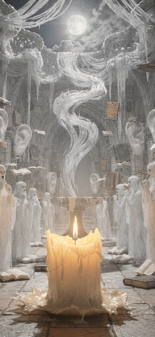 Ghostly Figures in Moonlit Ruined Cathedral