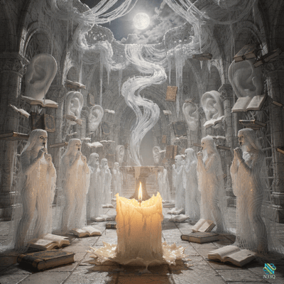 Ghostly Figures in Moonlit Ruined Cathedral