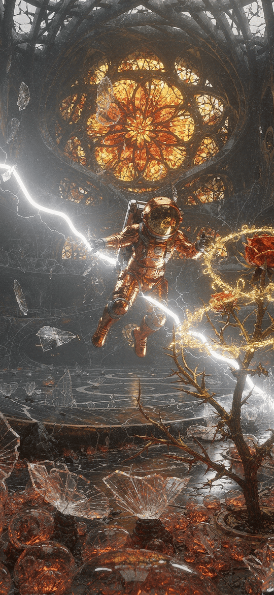 Astronaut Floating Near Glowing Rose in Ruined Cathedral