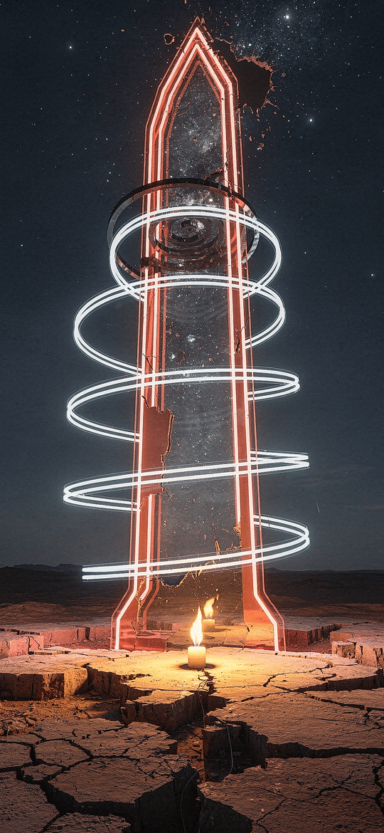 Neon-Ringed Obelisk and Candle on Cracked Desert Ground