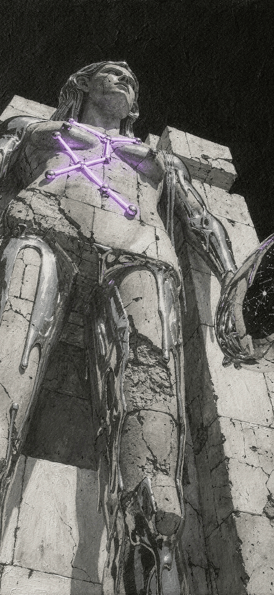 Chrome Statue with Glowing Purple Chest Marks
