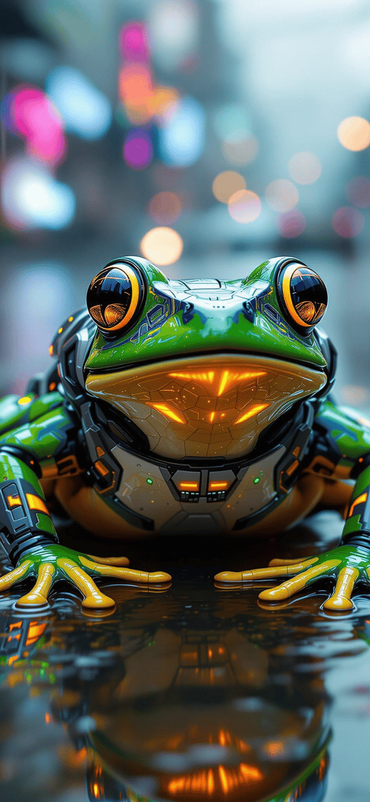 Green Robotic Frog in Neon Rain