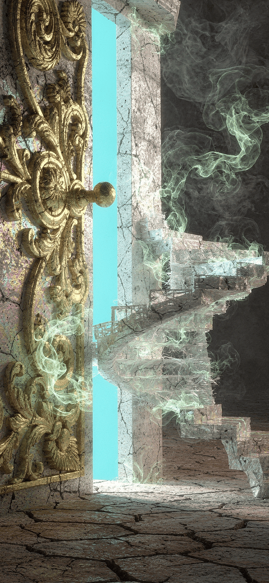 Ornate Gold Door Opening onto a Glass Staircase
