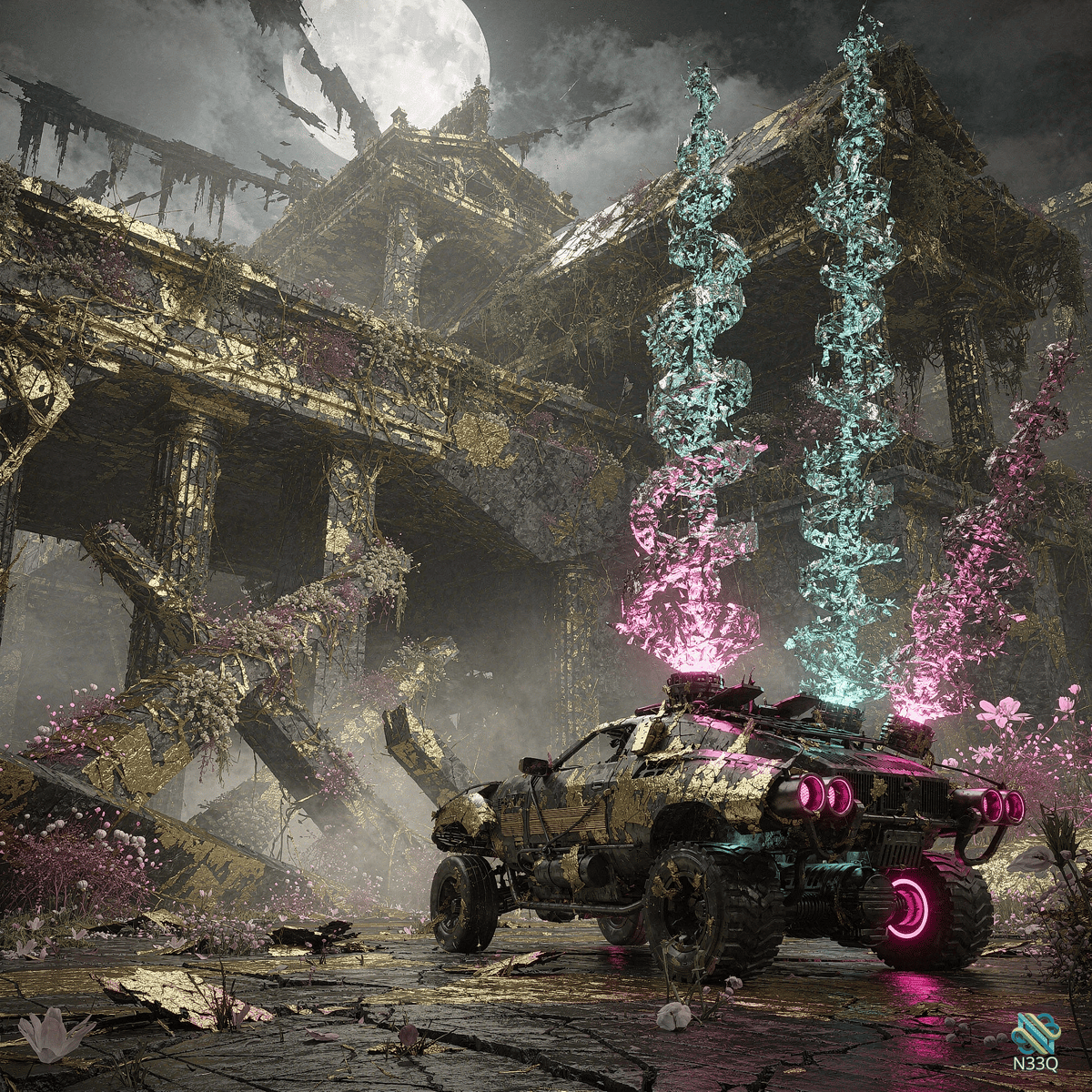 Armored Vehicle in Moonlit Ruined Palace