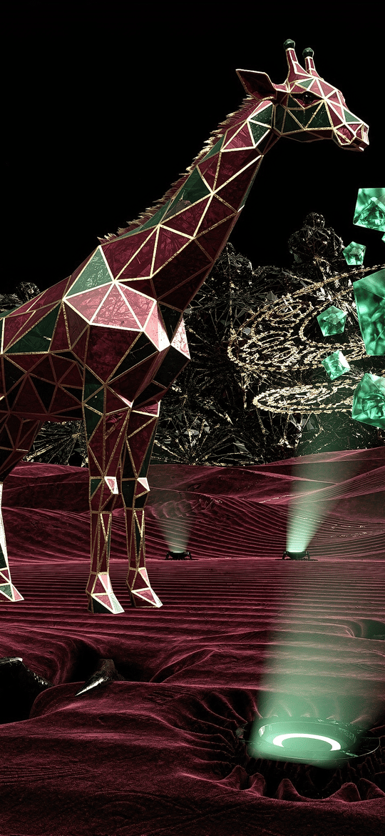 Geometric Giraffe with Floating Green Crystals