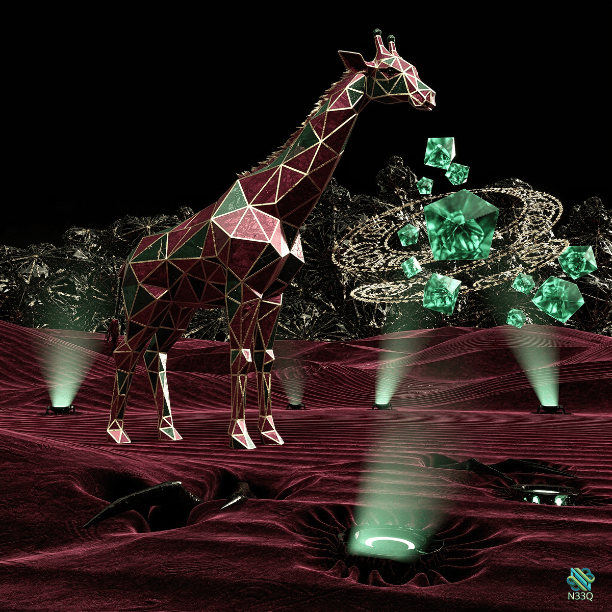 Geometric Giraffe with Floating Green Crystals