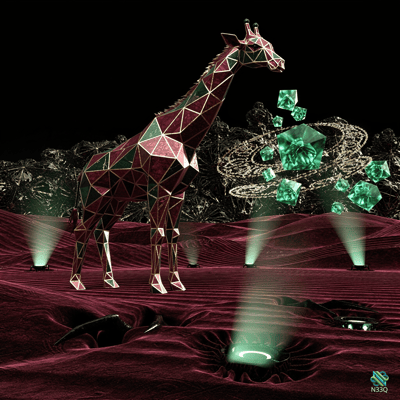 Geometric Giraffe with Floating Green Crystals