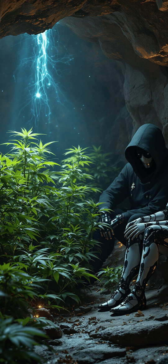 Hooded Figure and Cyborg in Lightning Cave