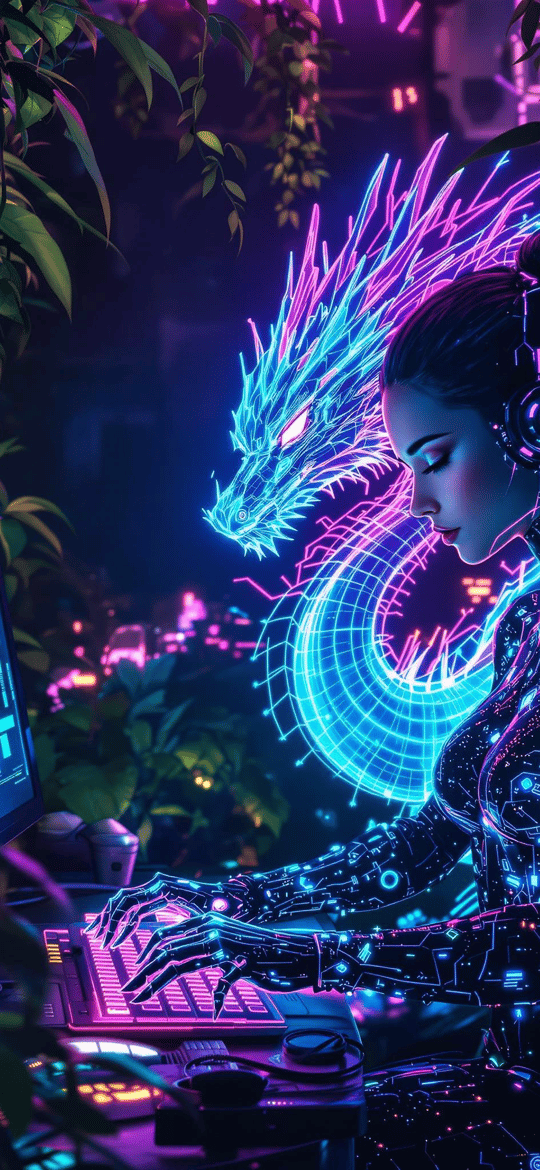 Cyborg Woman Typing with Neon Dragon