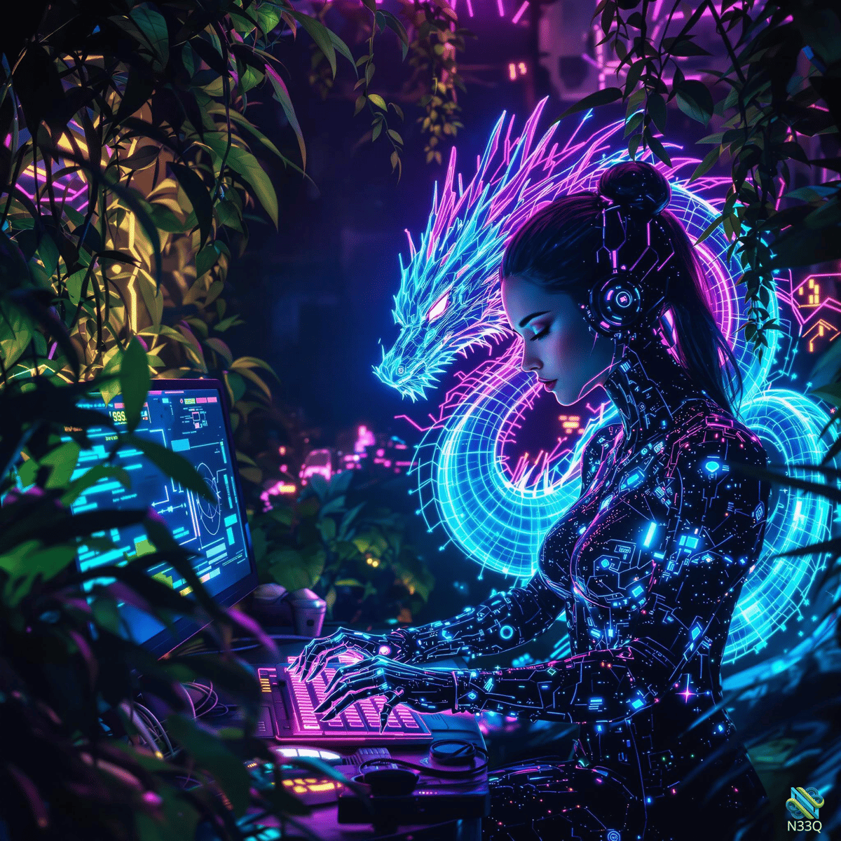 Cyborg Woman Typing with Neon Dragon