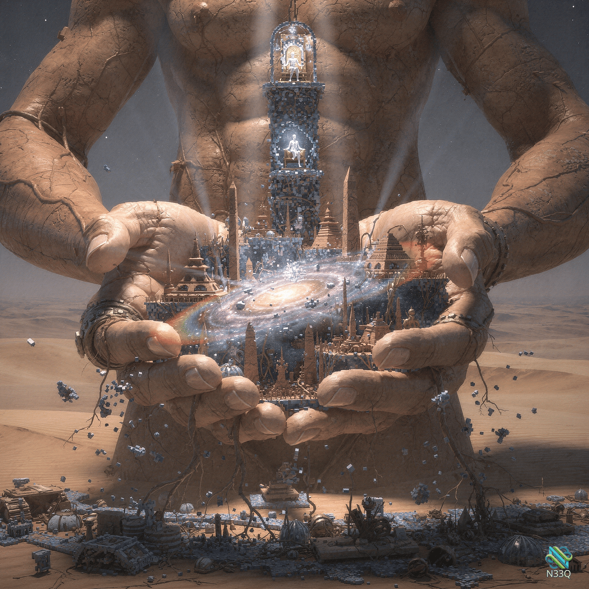 Giant Cracked Hands Holding Cosmic City