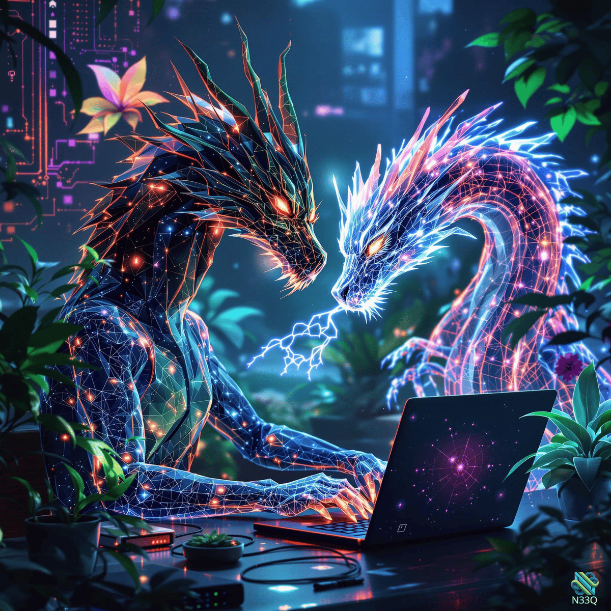Neon Dragons Using Laptop