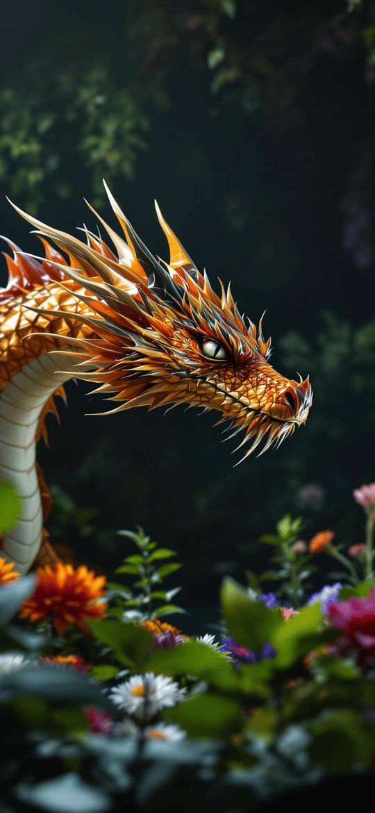 Golden Dragon in Digital Flower Garden
