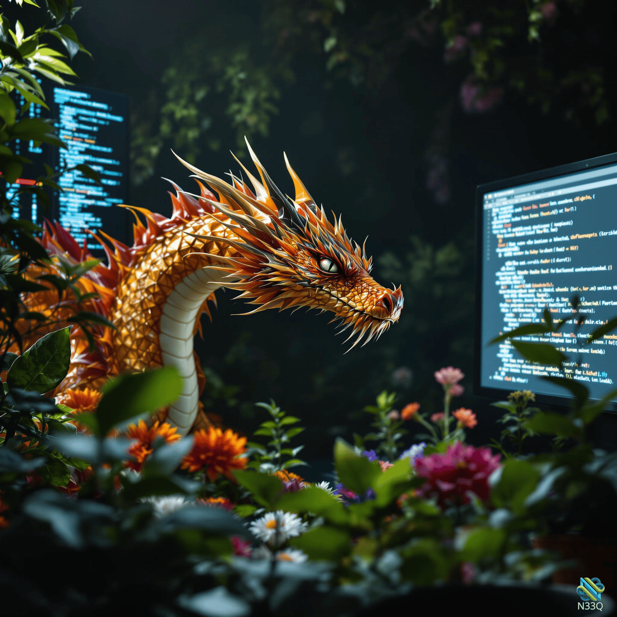 Golden Dragon in Digital Flower Garden
