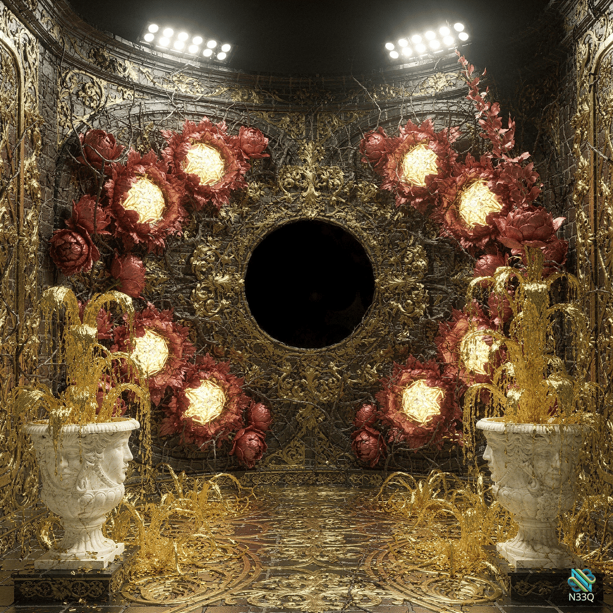 Ornate Golden Chamber with Glowing Red Roses