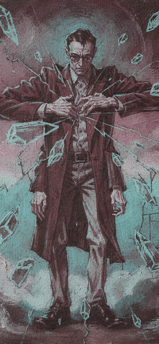 Man in a Long Coat Amid Floating Crystals